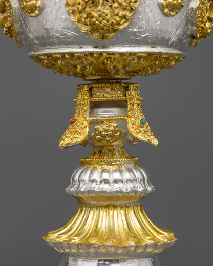 Side view Tibetan Butter Lamp with semi-precious stone-adorned pedestal