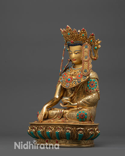 Side view Tibetan Jowo Shakyamuni statue highlighting Patra Bowl and jewelry