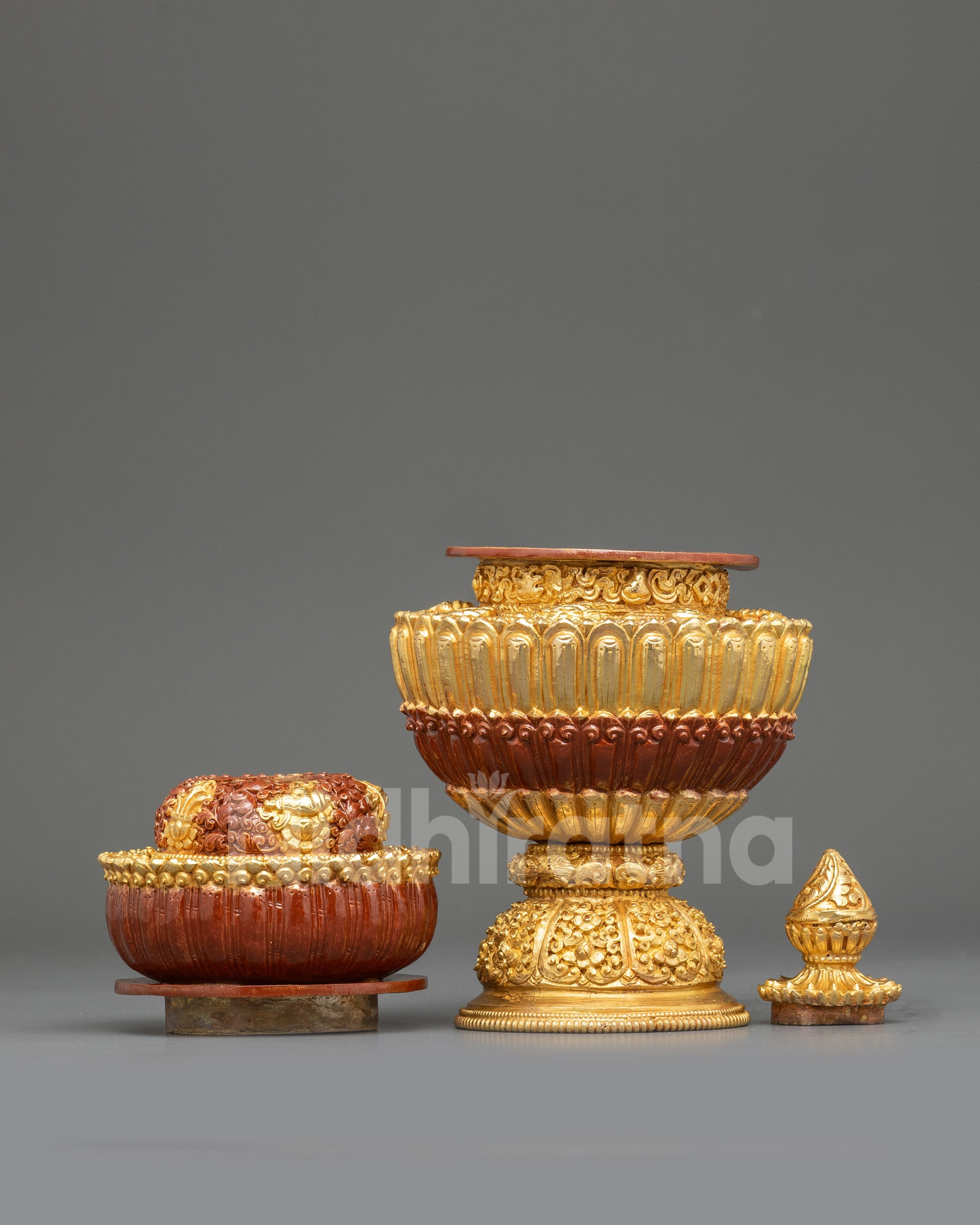 Side view Tibetan Neshi Rice Pot showing pedestal base and rounded offering bowl