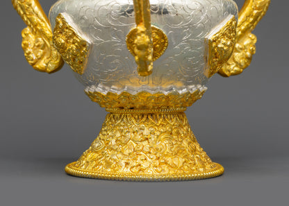 Side view Tibetan Sangbour ritual set showing curved copper body and braided hangings