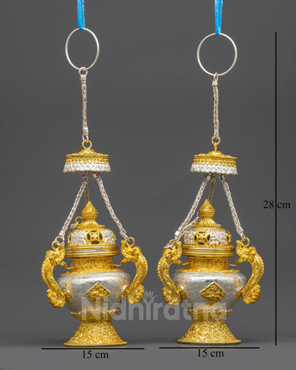 Side view Tibetan Sangbour ritual set with hanging braided strands and curved vessel