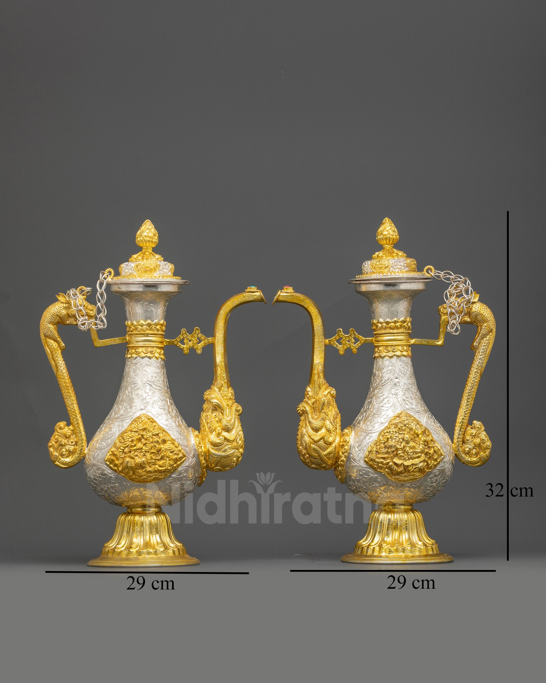 Side view Tibetan Tea pot Set showing curved vessels and dragon handles