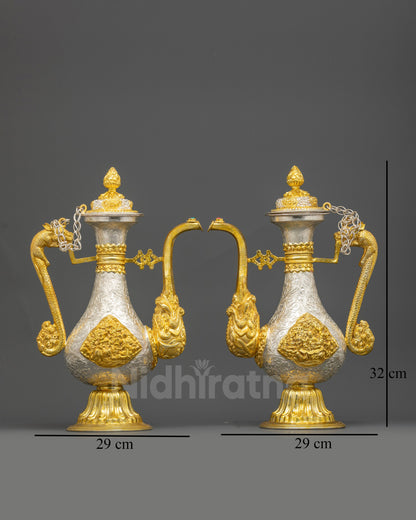 Side view Tibetan Tea pot Set showing curved vessels and dragon handles