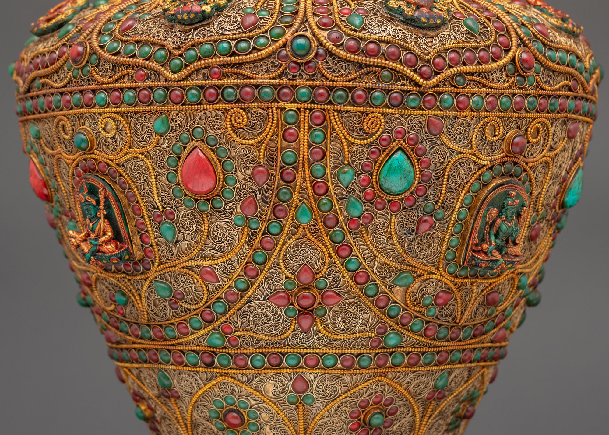 Side view Tibetan rice pot showing intricate copper filigree and auspicious symbols