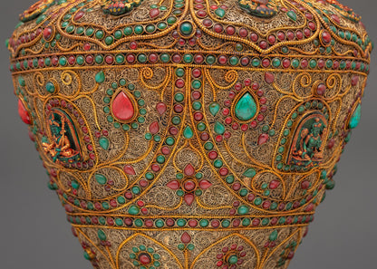 Side view Tibetan rice pot showing intricate copper filigree and auspicious symbols