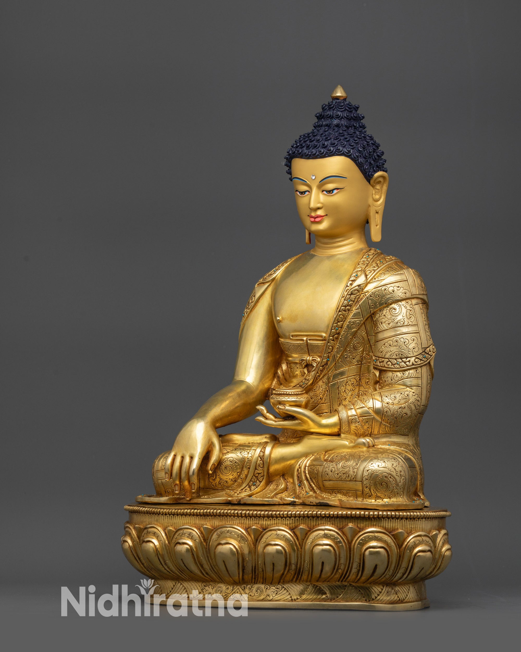 Side view Traditional Buddha Shakyamuni statue seated on lotus moon disc altar decor
