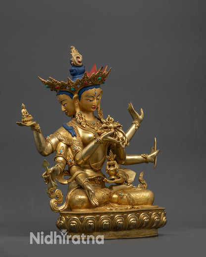 Side view Ushnishavijaya Namgyalma Statue with gold fire-gilded body and ornaments