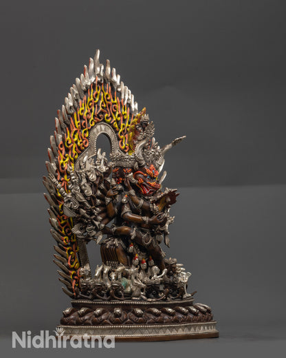 Side view Vajrabhairava Yamantaka Consort Statue, oxidized copper with earthly hue
