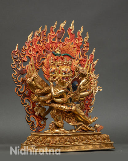 Side view Vajrakilaya statue with consort on flaming halo Nepalese handcrafted