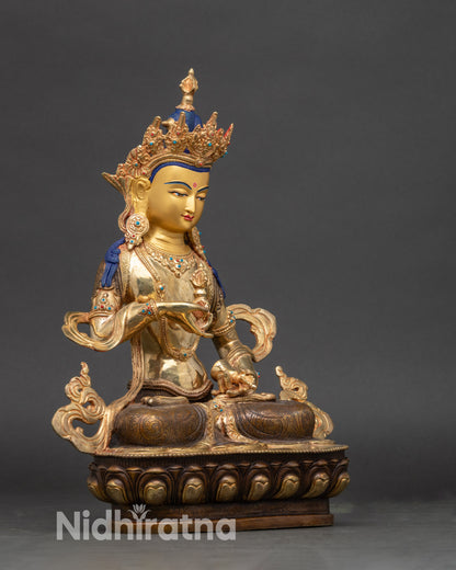 Side view Vajrasattva statue on lotus throne | radiant gold and acrylic finish | Himalayan art