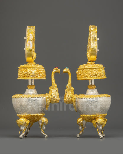 Side view Water Offering Bumba Pair, traditional Tibetan Buddhist puja and meditation set