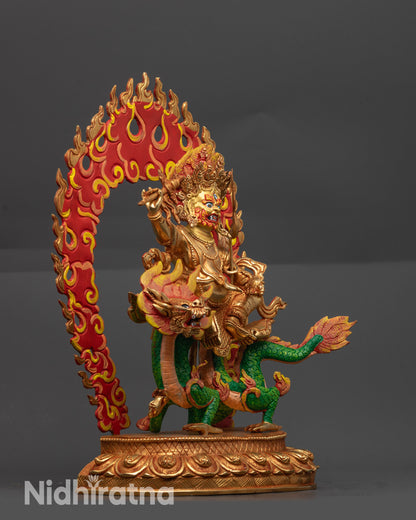 Side view White Dzambhala on Dragon Kubera with floating robe and ritual scepter

