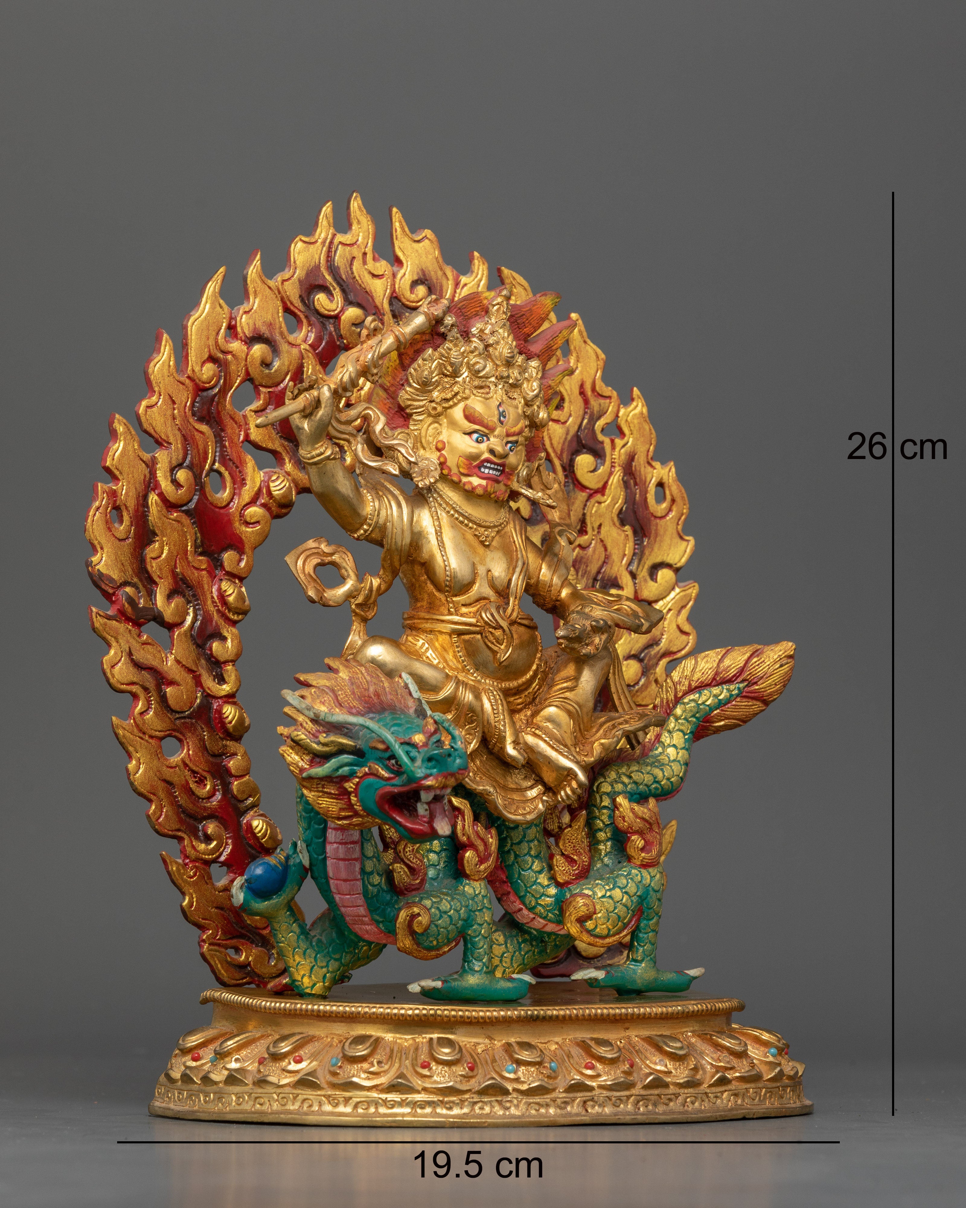 Side view White Dzambhala seated on a dragon, hand-painted acrylic colors halo details