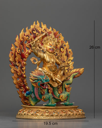 Side view White Dzambhala seated on a dragon, hand-painted acrylic colors halo details