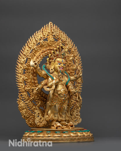 Side view White Mahakala Sculpture showing swirling turquoise robes and jewelry