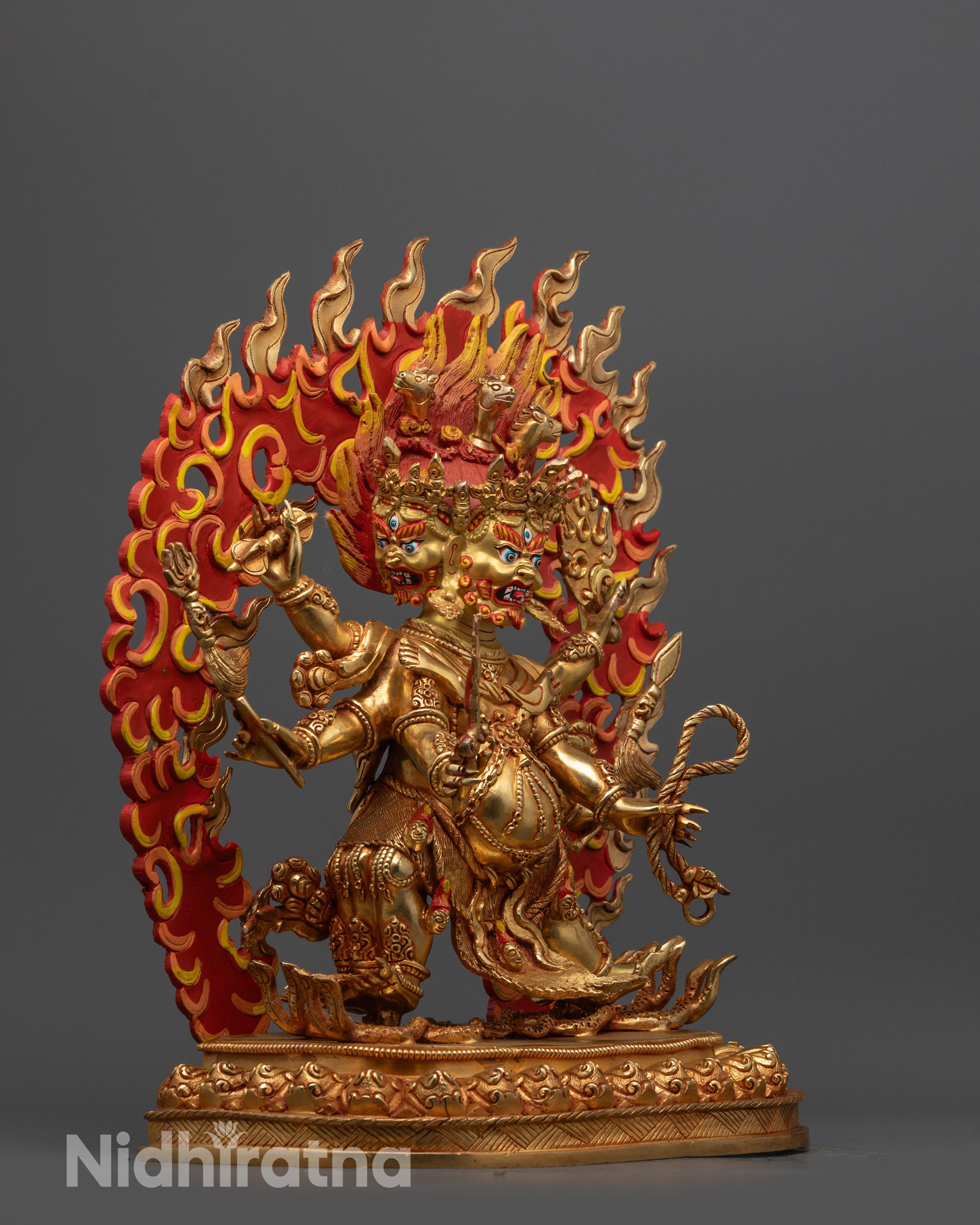 Side view Wrathful Dharmapala Statue with blazing halo and traditional lost wax craftsmanship
