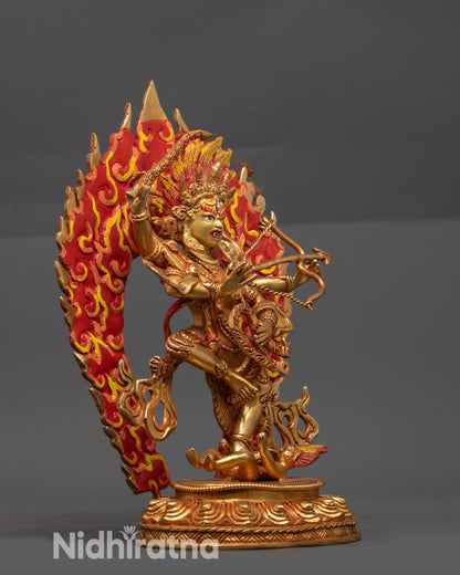 Side view Wrathful Kurukulla Statue displaying hook, noose, and detailed halo
