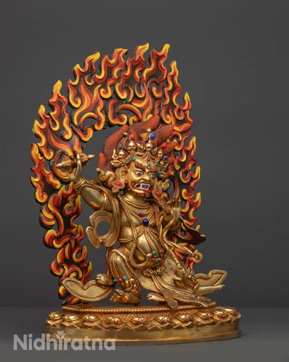 Side view Wrathful Vajrapani Statue with skull crown, jewelry, and draped tiger skin robe
