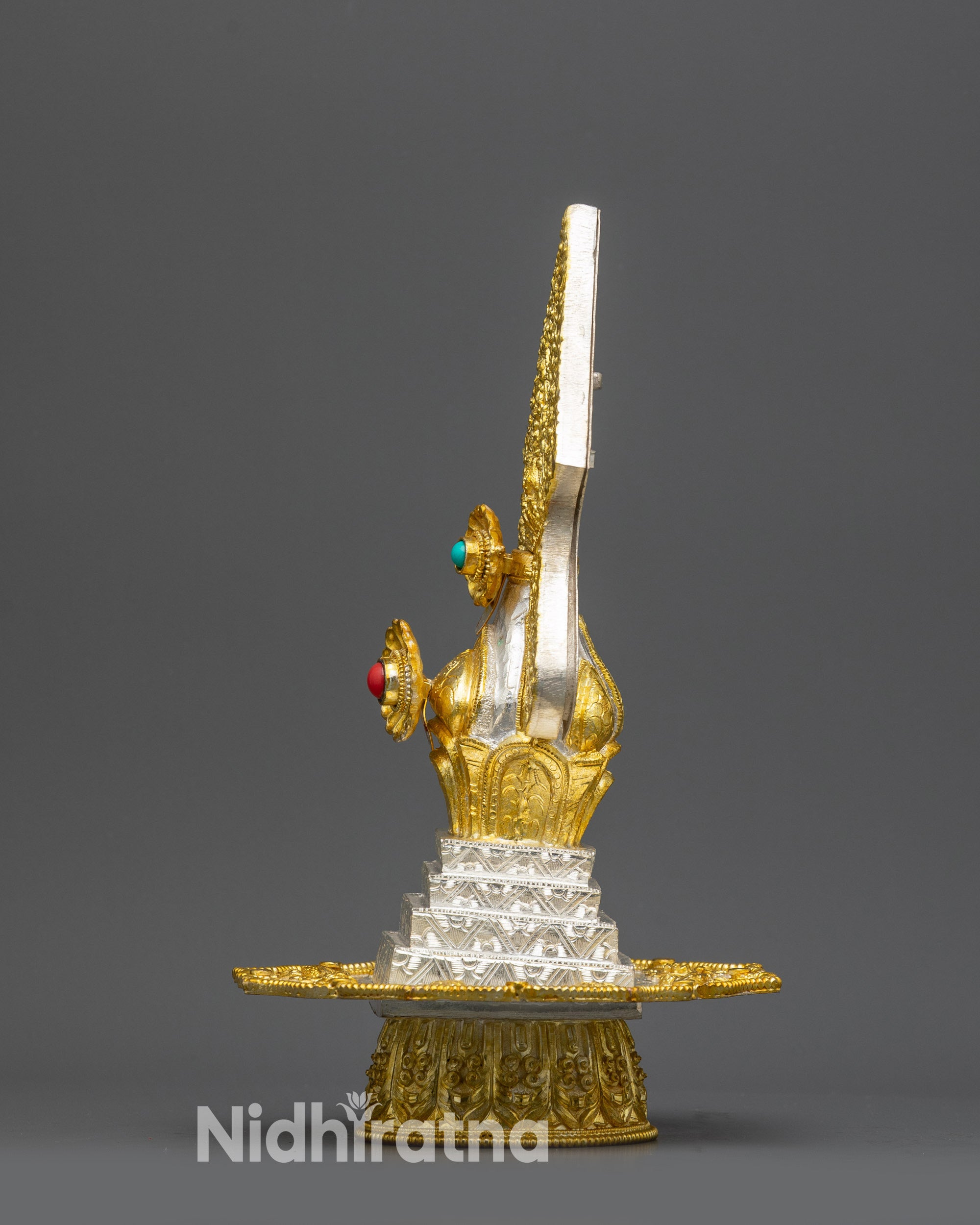 Side view ceremonial Tibetan Torma copper ritual element for Vajrayana Buddhist rituals