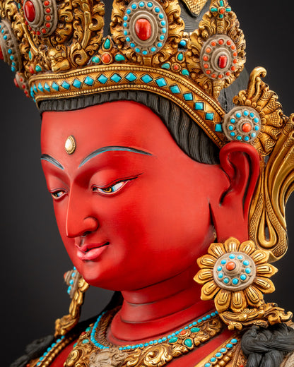 Side view close-up of Amitayus Buddha face with gold-gilded accents and meditation posture