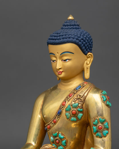 Side view close-up of Nepalese Shakyamuni Buddha Statue showing intricate 3D copper carvings