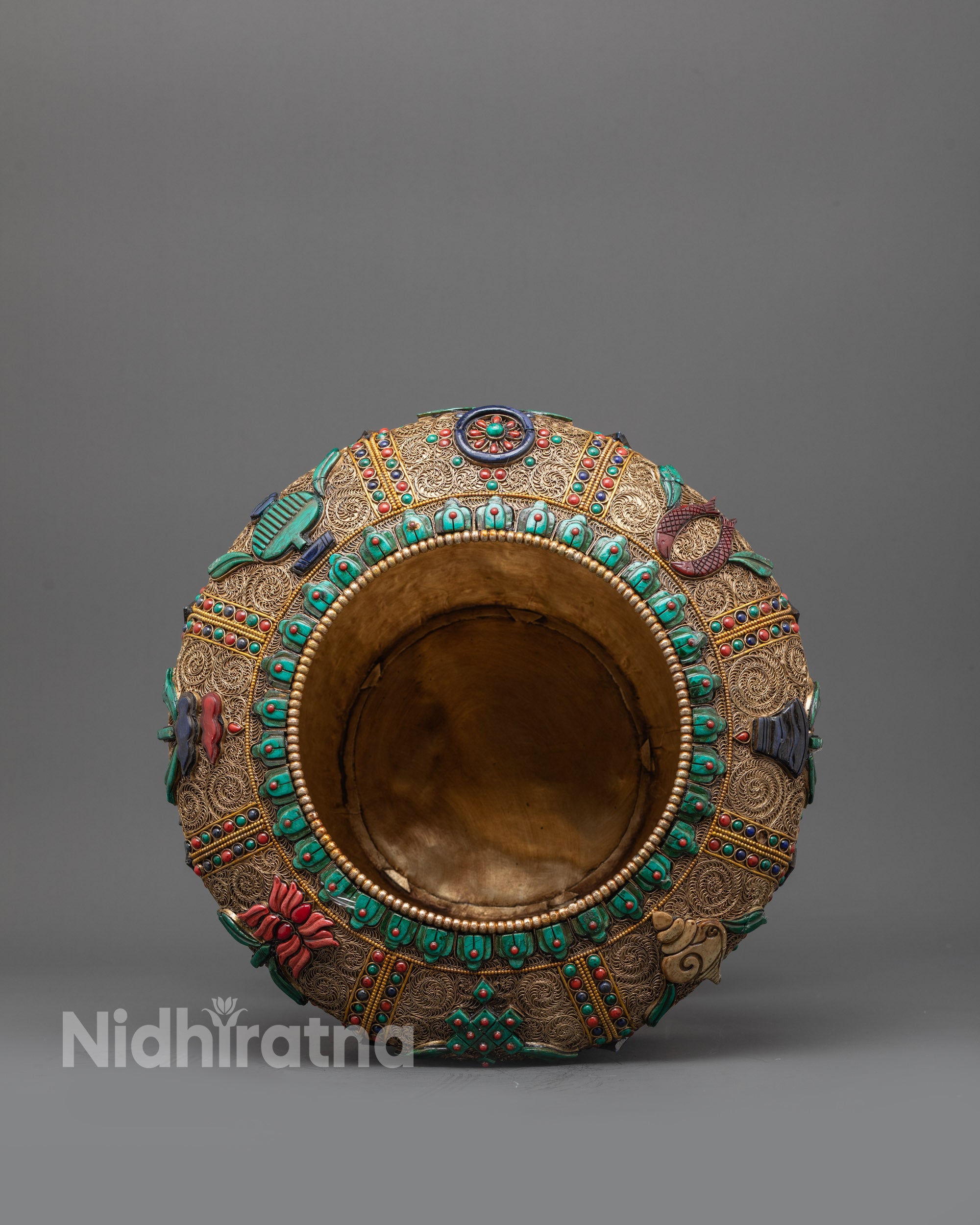 Side view copper Dhupur Rice Pot with Eight Auspicious Symbol carvings