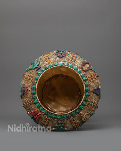 Side view copper Dhupur Rice Pot with Eight Auspicious Symbol carvings
