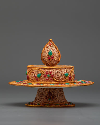 Side view copper Mandala Offering Set with layered ritual rings