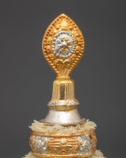 Side view copper Mandala offering set used for meditation and spiritual prosperity
