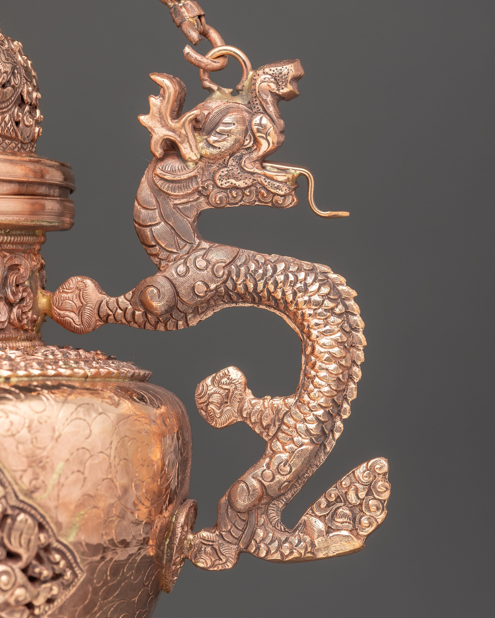 Side view copper Sangbur incense burner with dragon handle, Nepalese Tibetan Sang offering vessel