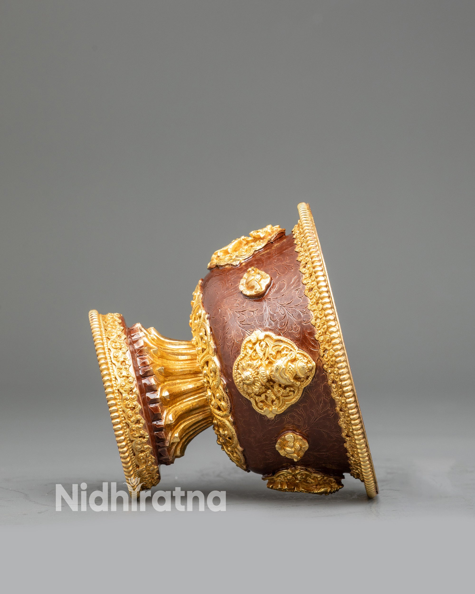 Side view copper Tibetan water offering bowls with gold-plated finish for ritual use