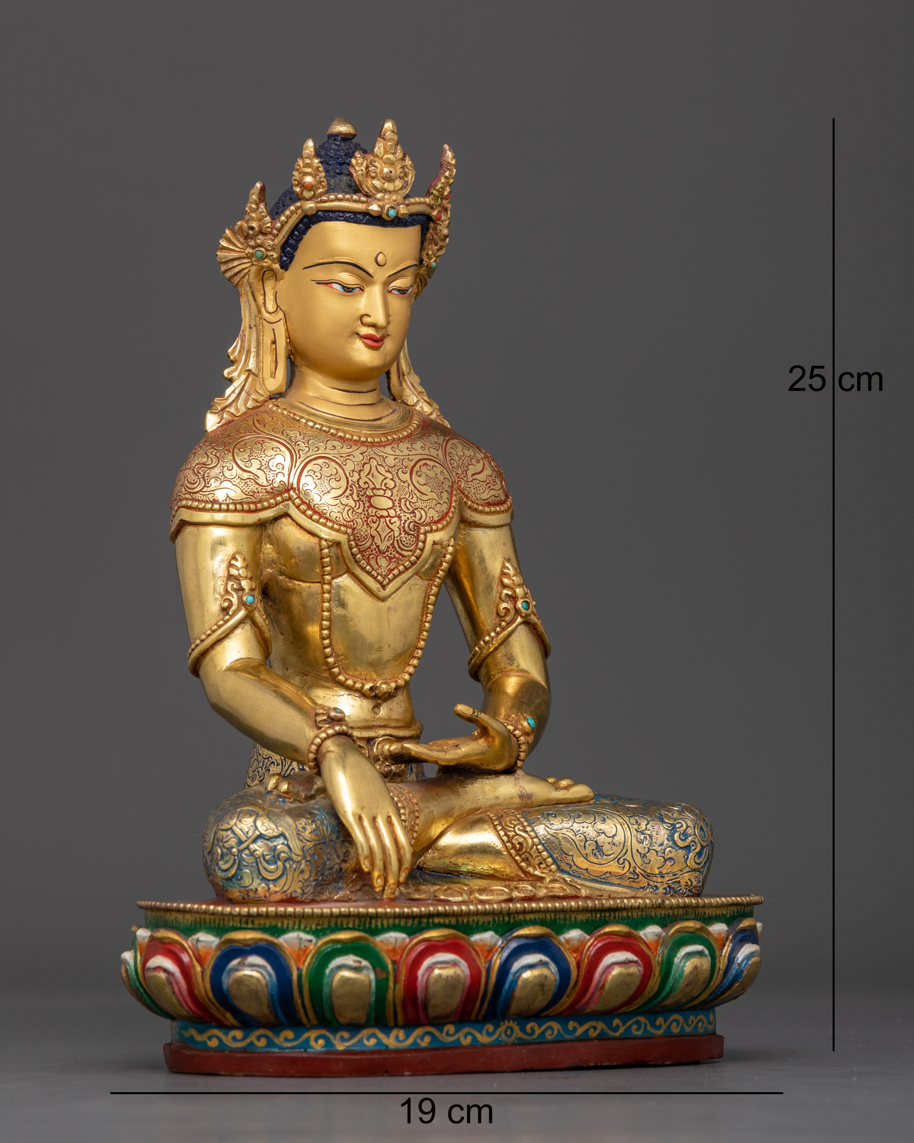 Side view crowned Shakyamuni Buddha hand-painted acrylic colors floral carving