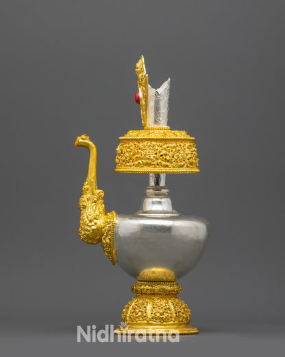 Side view curved body and gold-plated base of Bhumba offering vase