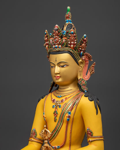 Side view hand-painted Mitrugpa Buddha statue copper body lotus seat meditation posture