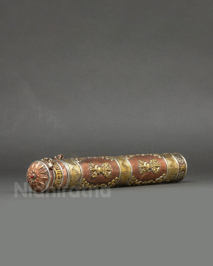 Side view handcrafted Tibetan incense holder geometric meander and cloud patterns