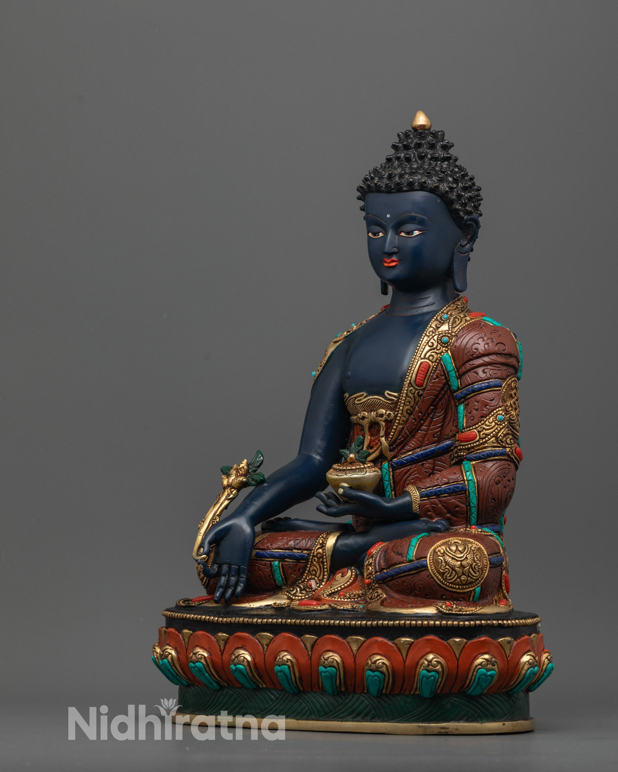Side view highlighting eight gold-plated Auspicious Symbols on robe
