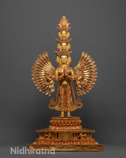 Side view of 1000-Armed Guan Yin Sculpture showing halo and lotus seat details