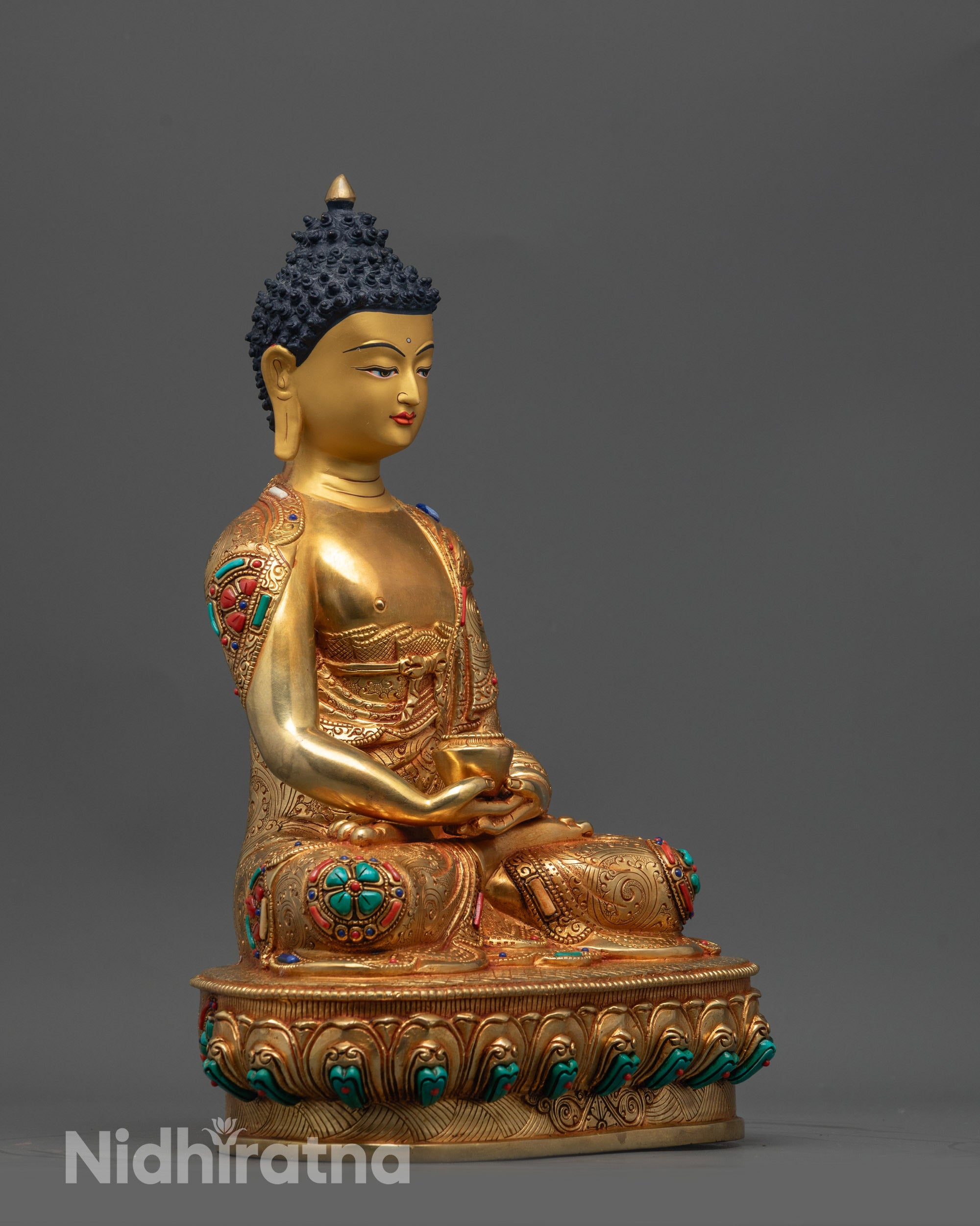 Side view of Amida Nyorai Statue holding monk's bowl in meditation mudra on gold fire body