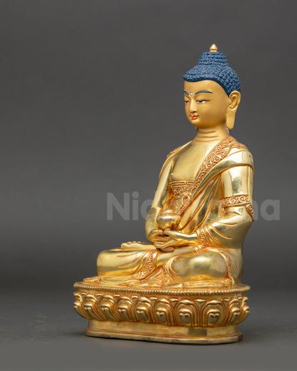 Side view of Amida Nyorai statue capturing detailed Himalayan craftsmanship