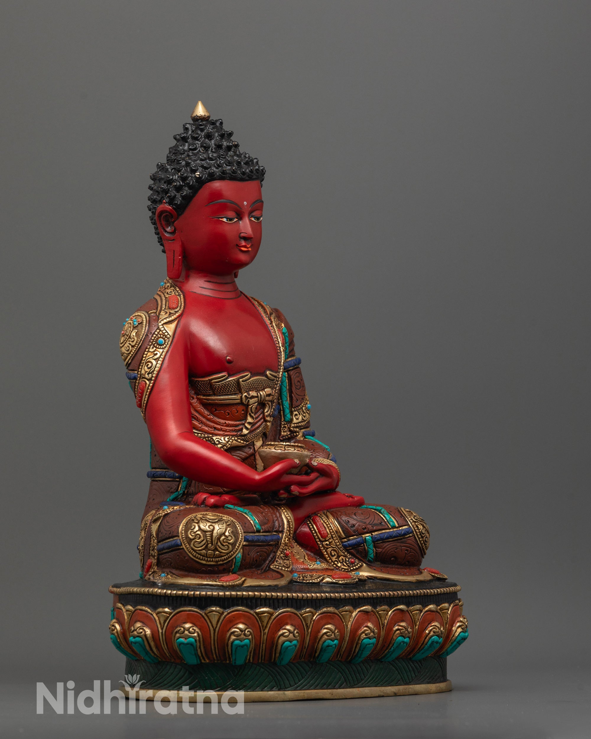 Side view of Amitabha Buddha Sculpture highlighting oxidized copper robe and lotus seat