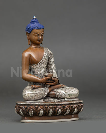 Side view of Amitabha Buddha Statue highlighting copper lotus seat and dhyana mudra meditation posture