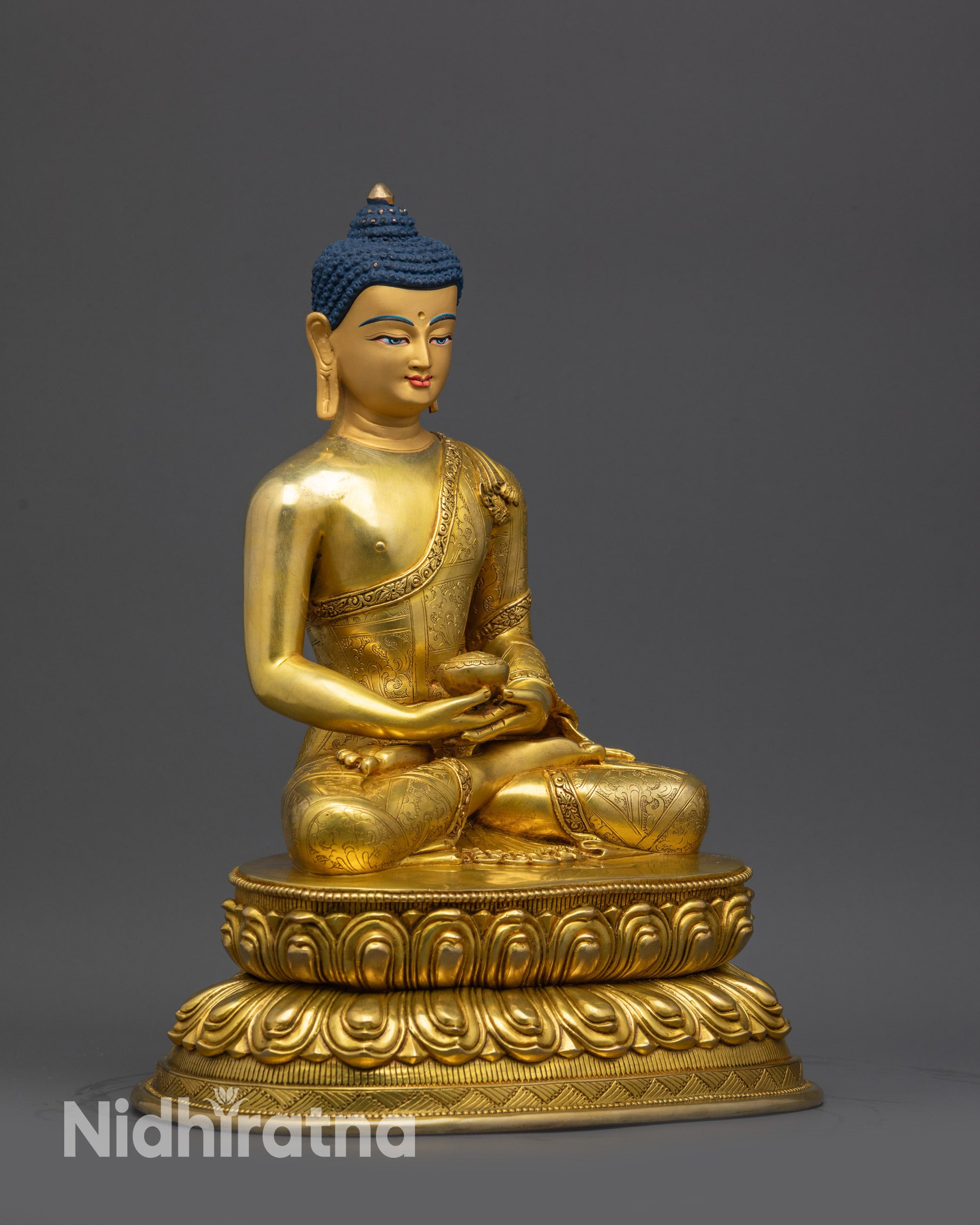 Side view of Amitabha Buddha Statue showing intricate robe carvings and monk's bowl
