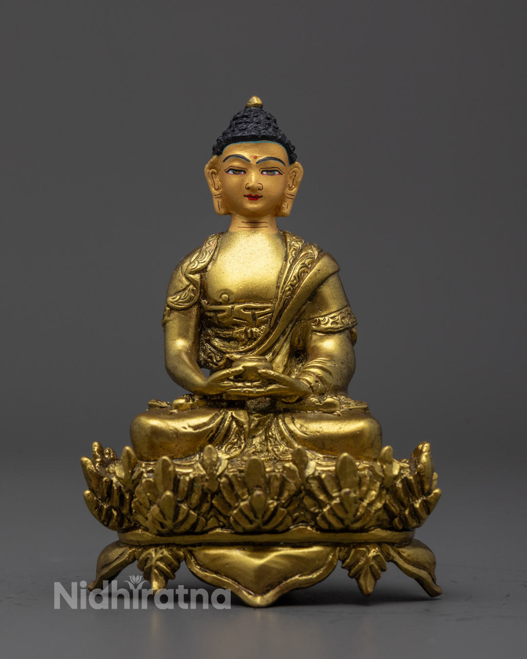Side view of Amitabha Buddha holding bhiksha-patra with precise lost wax craftsmanship
