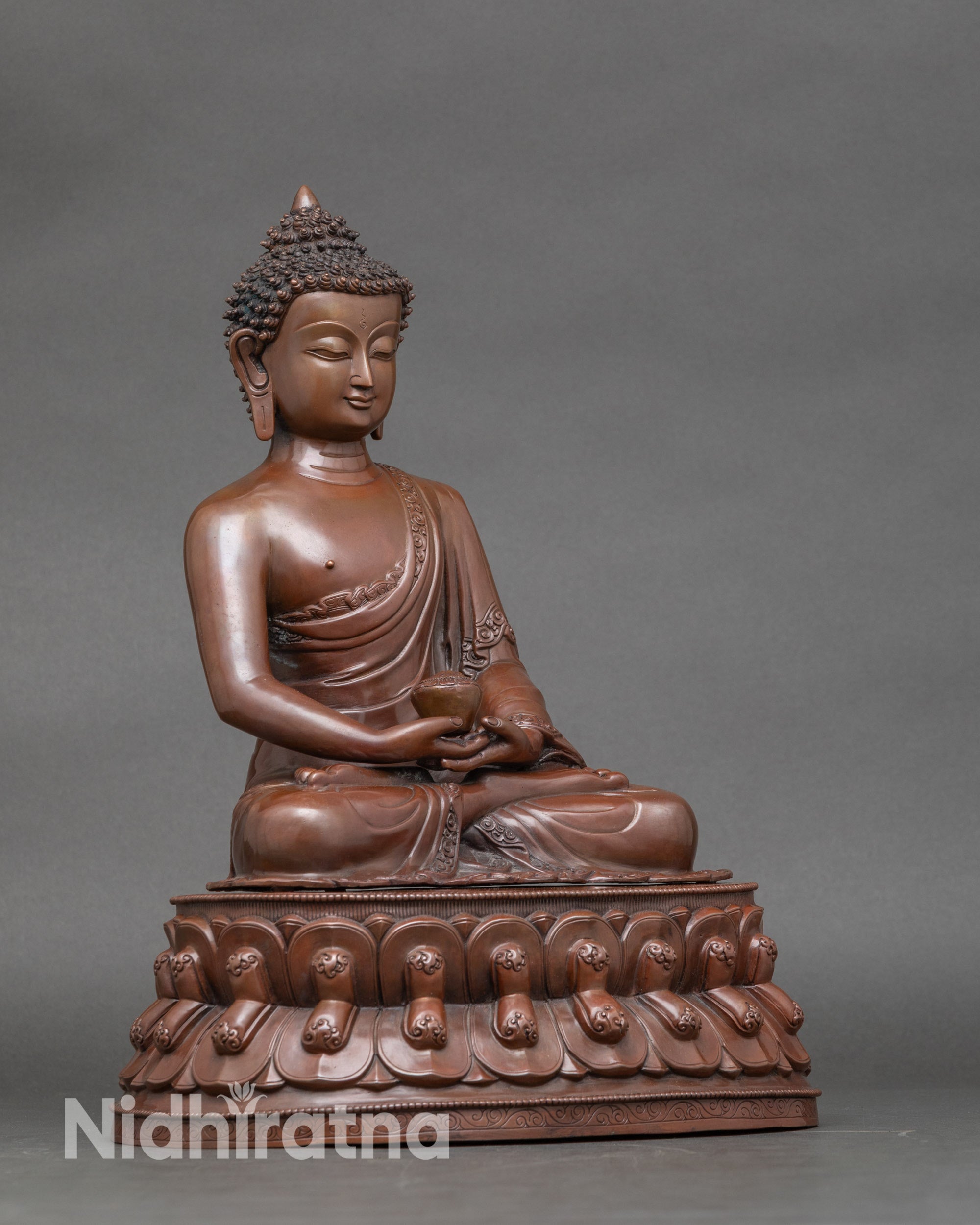 Side view of Amitabha Buddha meditation statue holding monk’s bowl, Nepalese artisan art