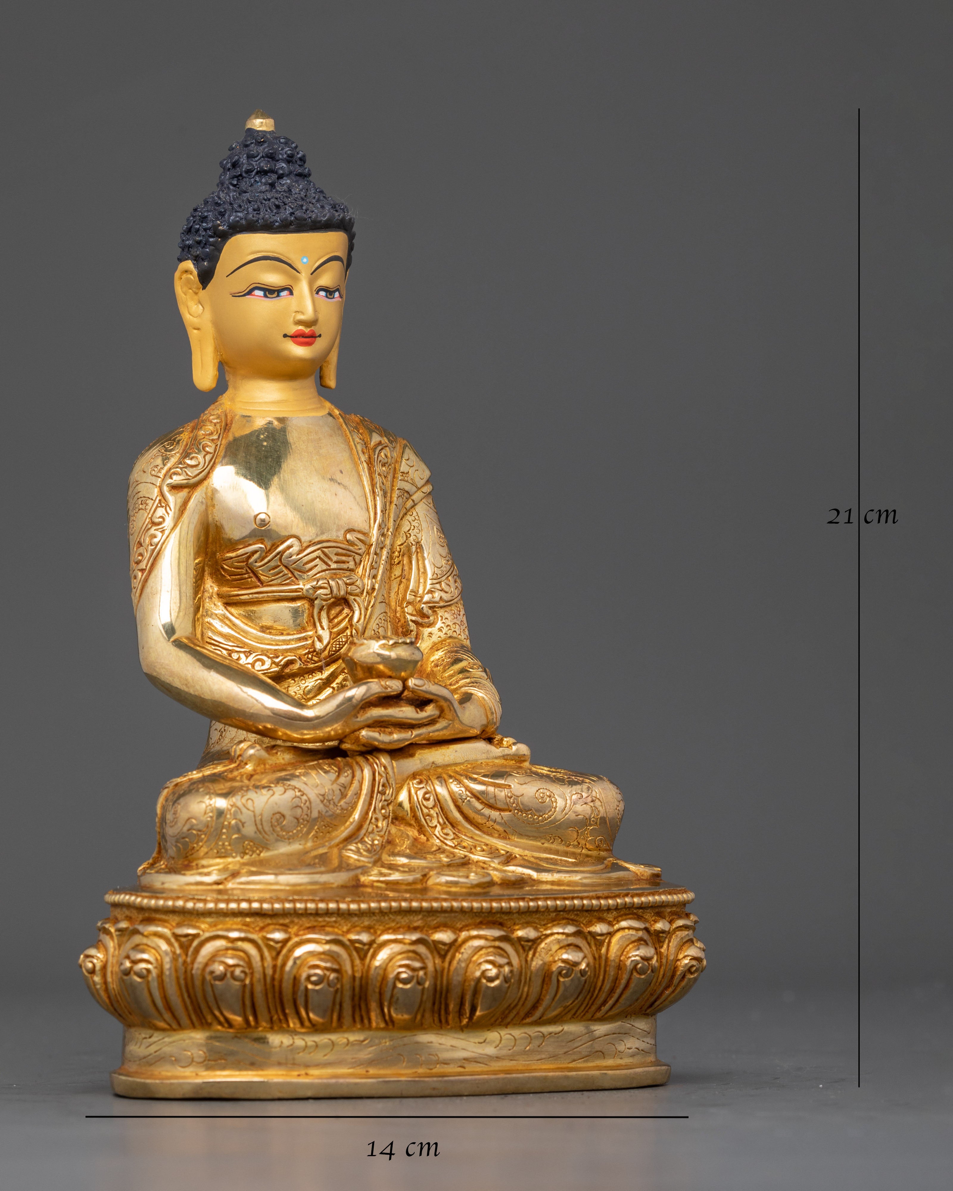 Side view of Amitabha Buddha sculpture, luminous fire-gilded body, Himalayan devotional art