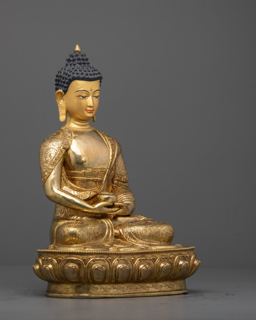 Side view of Amitabha Buddha statue featuring hollow chamber for mantra consecration