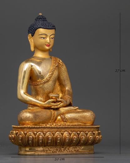 Side view of Amitabha Buddha statue on lotus throne, traditional Nepalese craftsmanship