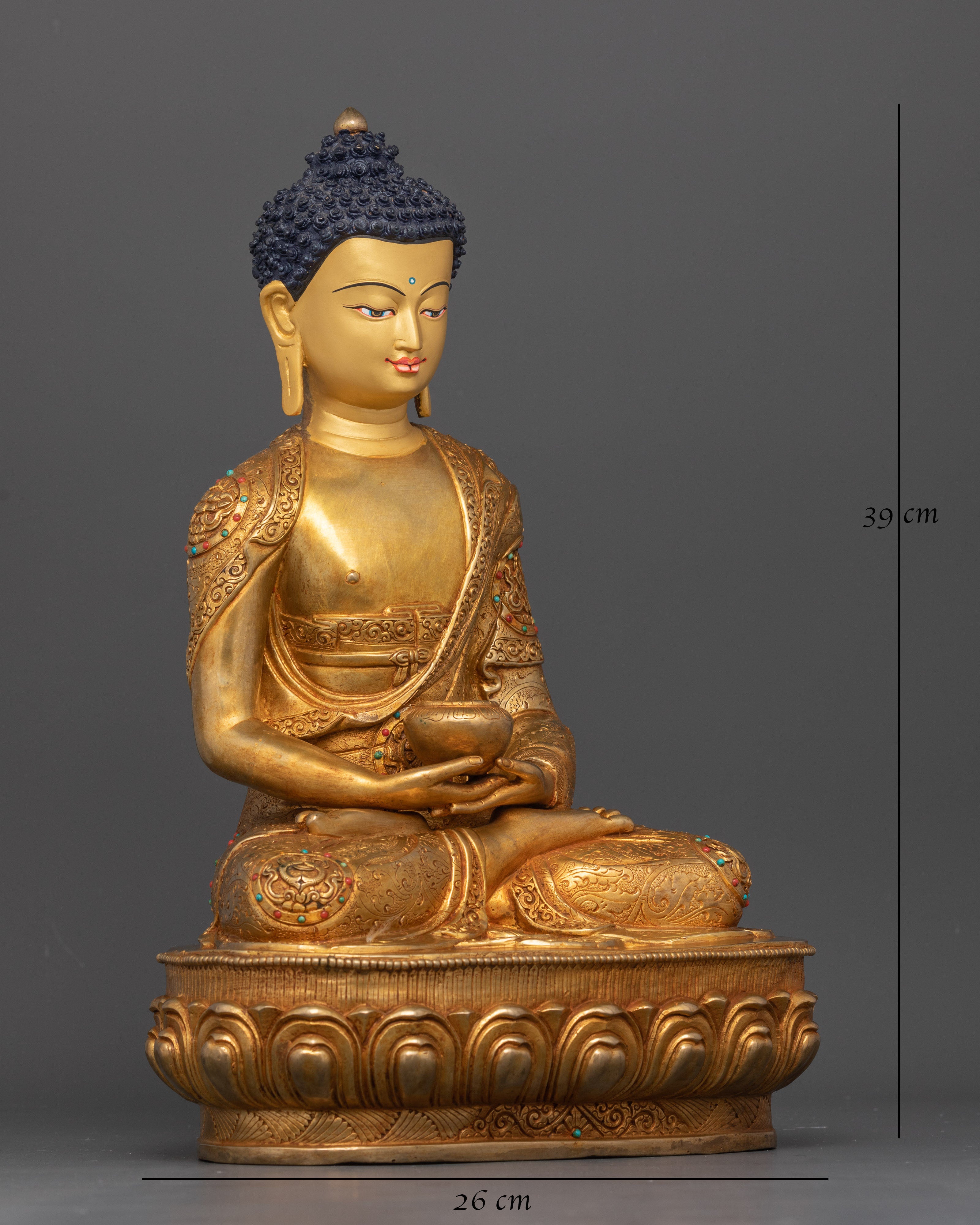 Side view of Amitabha Buddha statue with dhyana mudra and carved robes