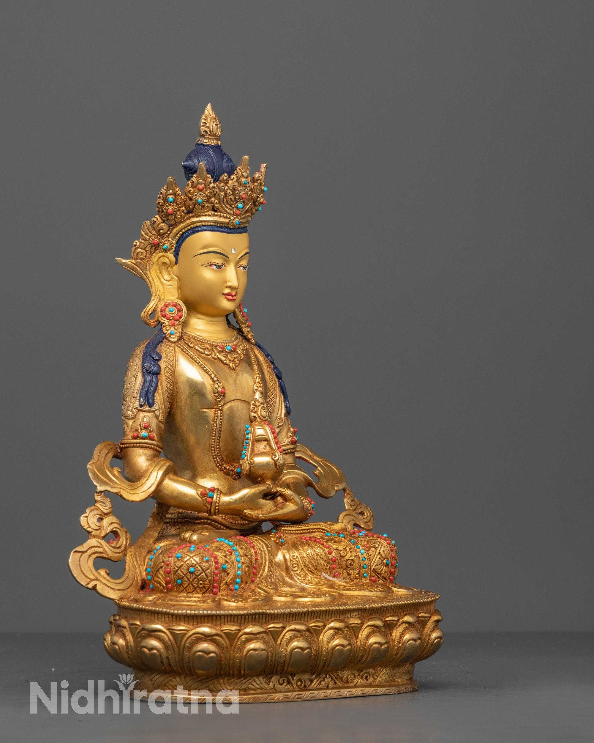 Side view of Amitayus Statue with Radiant Gold Finish and Serene Facial Expression
