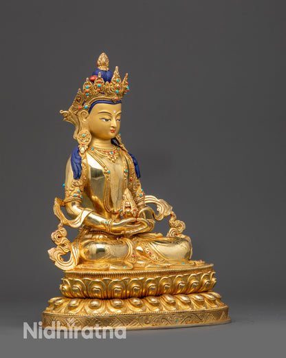 Side view of Amitayus statue showing detailed robe, jewelry, and lotus pose
